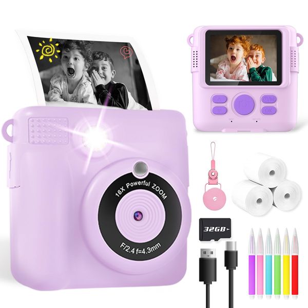 Kids Camera for Girls Boys, Instant Camera for Kids with Print Photo Paper, 1080P HD Digital Camera Toy, Birthday Gifts for 3 4 5 6 7 8 9 10 Years Old Girl, Video Recorder, 32GB SD Card