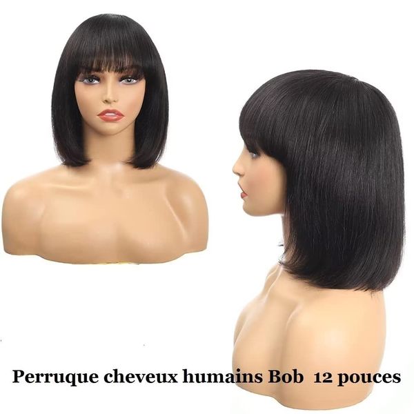 Echthaar Pericke Kurz Bob Straight Human Hair Wig Real Hair Wigs Short Short Bob Human Hair Wig 12 Inch Short Black Wig Echthaar Pericke Mit Pony Schwarz 130% Dichte