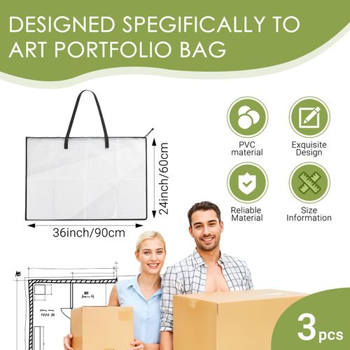 mekueeex 3 Pieces Art Portfolio Bag 24 x 36 Inch Large Posters Portfolios Case Board Storage Bags with Zipper and Handle Art Clear Organizer Folder for Artwork Case for Pictures (white)