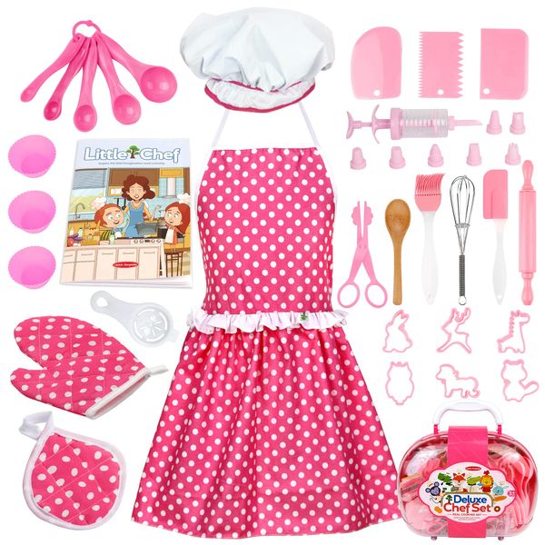 Veitch fairytales Kids Cooking Baking Set for Girls, Real Baking Supplies Kits, Birthday Gifts for 3 + Year Old Girls, Kids Baking Utensils Includes Rolling Pins Chef Costume Hat and Apron Pink