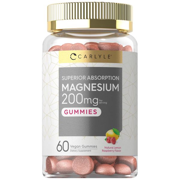 Magnesium Gummies | 200mg | 60 Vegan Gummies | Vegan, Non-GMO, and Gluten Free Formula | Natural Lemon Raspberry Flavor | by Carlyle