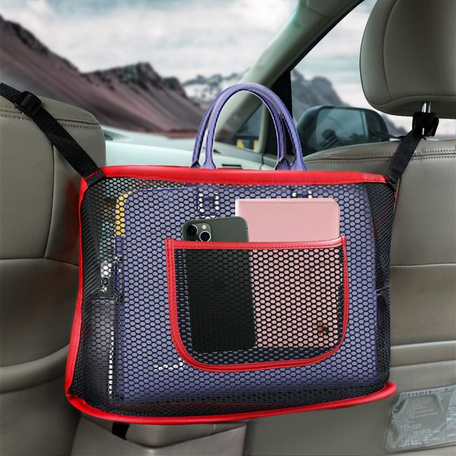 Car Net Pocket Handbag Holder,Seat Back Net Bag for Purse Storage Phone Documents Pocket,Barrier of Backseat Pet Kids,Cargo Tissue Holder (Black/1 Pocke)