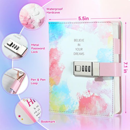 Sicbanna Diary with Lock for Girls Ages 8 9 10 11 12 Year Old, Kid Secret Notebook Locked Diary with Pens, 256 Pages Trendy Watercolor Journal with Lock for Teen Girls 8-12 Birthday Gift