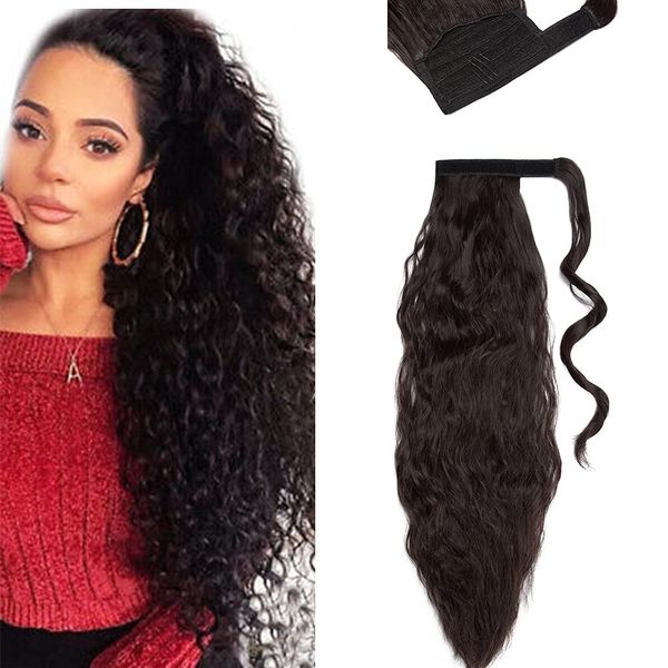 SEGO Corn Wave Ponytail Magic Paste One Piece Curly Wrap Around Ponytail Hair Extension Long Fluffy Synthetic Ponytail [20 Inch, 90g] - Dark Brown