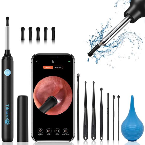 Ear Cleaning Kit with Ear Camera by Tilcare – Smart USB-C Otoscope with Light for Adults & Kids - Perfect Ear Wax Removal Kit - Includes Bulb Syringe and Stainless Steel Curette Kit