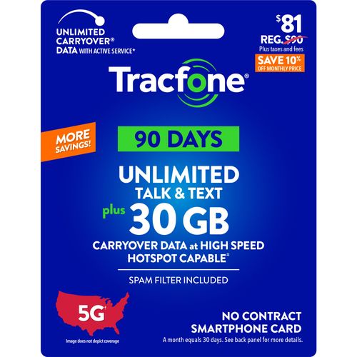 Tracfone $81 Unlimited Talk & Text, 30 GB of Data / 90 Days (Physical Card)