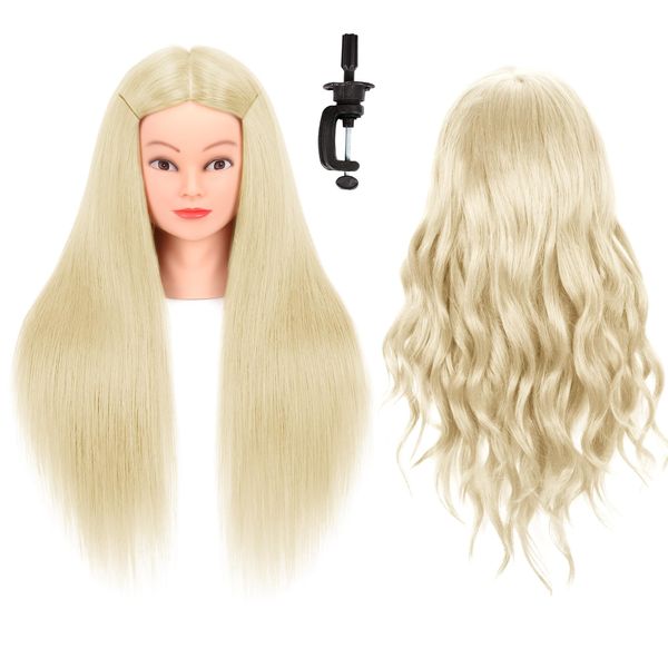 Mannequin Head with Hair 80% Real Human Hair 26-28'' Cosmetology Mannequin Head for Styling Practice on Braiding Manikin Head with Clamp Stand and Tools (Light Blond)