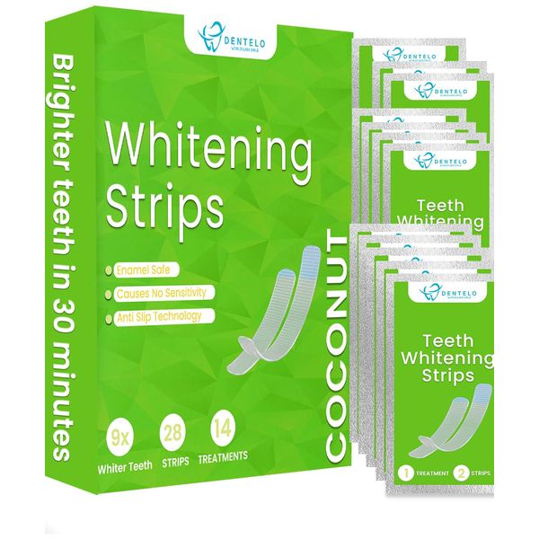 DENTELO Teeth Whitening Strips- Mint Flavor, Zero Sensitivity, Enamel Safe, Dentist Formulated,Teeth Whitener Strips, White Teeth, Tooth Whitening Strip, Smile Teeth Whitening (Coconut)