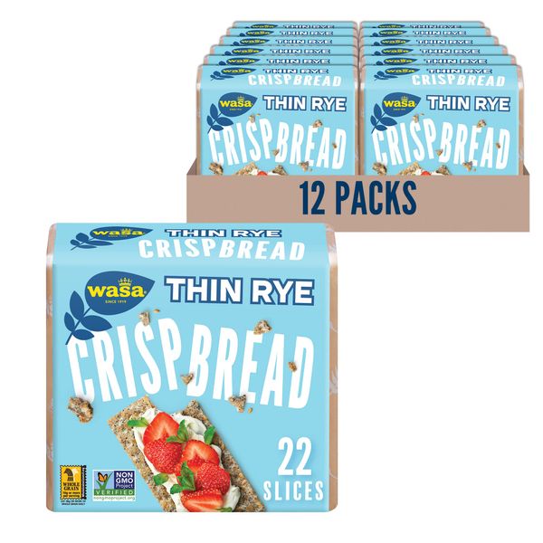 WASA Thin Rye Swedish Crispbread, 8.6 oz, Non-GMO Project Verified Rye Crackers, No Saturated Fat (0.5g Total Fat), 0g of Trans Fat, No Cholesterol, 100% Whole Grain (Pack of 12)