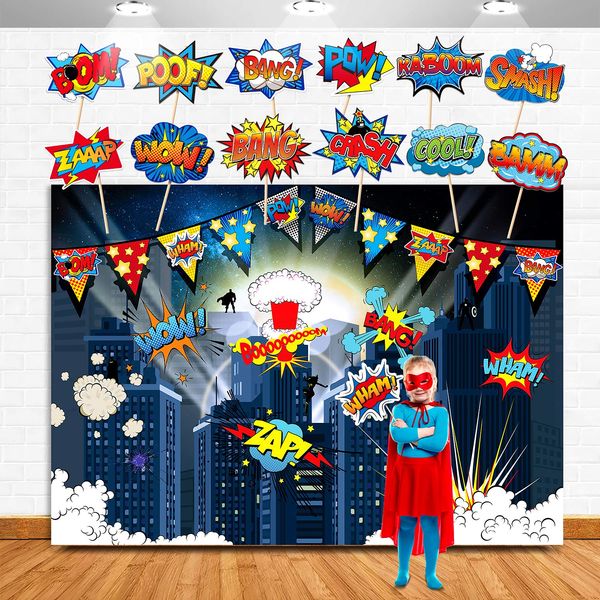 TMCCE Superhero Birthday Party Backdrop Supplies- Superhero Cityscape Photography Backdrop, 12 Superhero Photo Booth Props for Kids Superhero Birthday Party Decorations