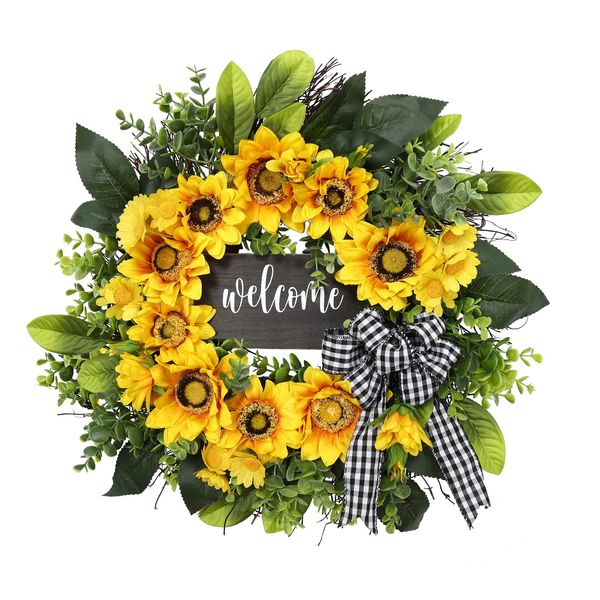 Sunflower Wreath with Welcome,Summer Fall Wreath for Front Door, Unique Housewarming Gift,mother'day Gift,Farmhouse Porch Decor,Sunflower Wall Decor,Wedding Favors,Year Round wreaths-20inch