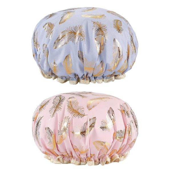 Belegao 2pcs Bath Caps with Elastic Band - Double Layers Shower Cap Waterproof Oilproof Ruffled Covering Ears 27cm Wide Cute Printed for Adults and Kids