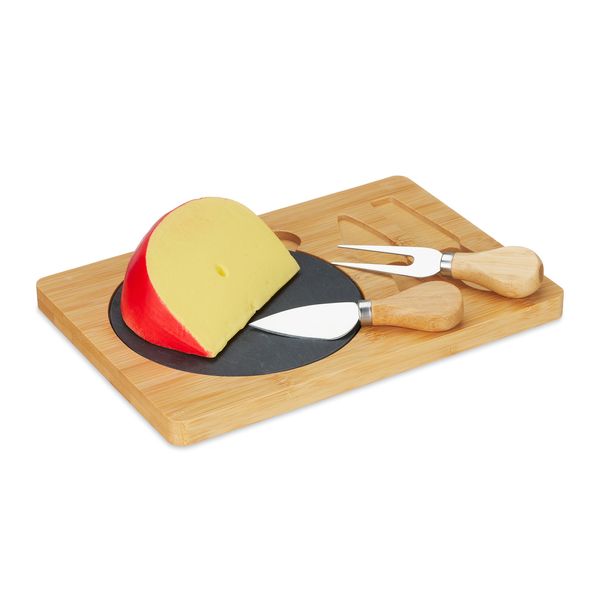 Relaxdays Cheese Board with Cheese Knife Set, Bamboo Cheese Plate with Slate and Cheese Cutlery, W x D: 25 x 17 cm, Natural/Black
