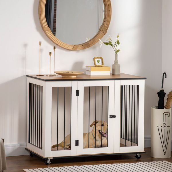 Modern Large Dog Crate End Table with Wheels & Big Tabletop, Dog Crate Furniture