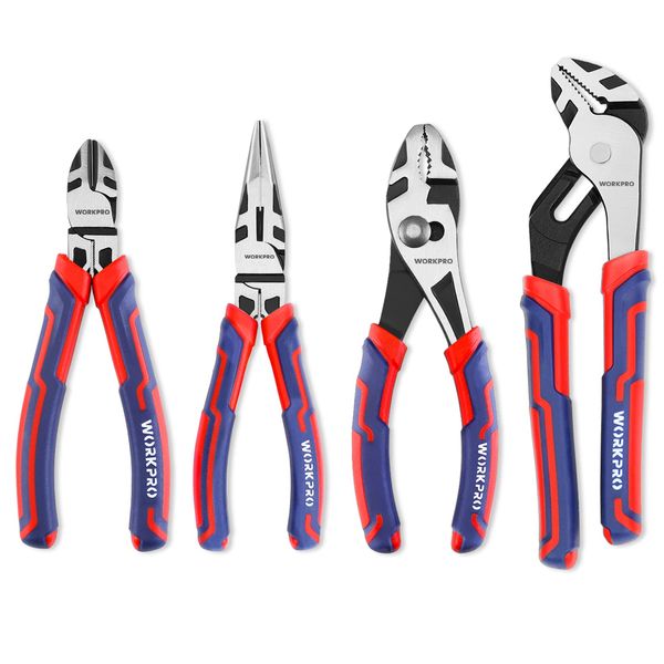 WORKPRO 4-Piece Pliers Set, Premium CR-V Construction Pliers Tool Sets Including Long Nose, Diagonal Cutting, Groove Joint and Slip Joint Pliers（Red）