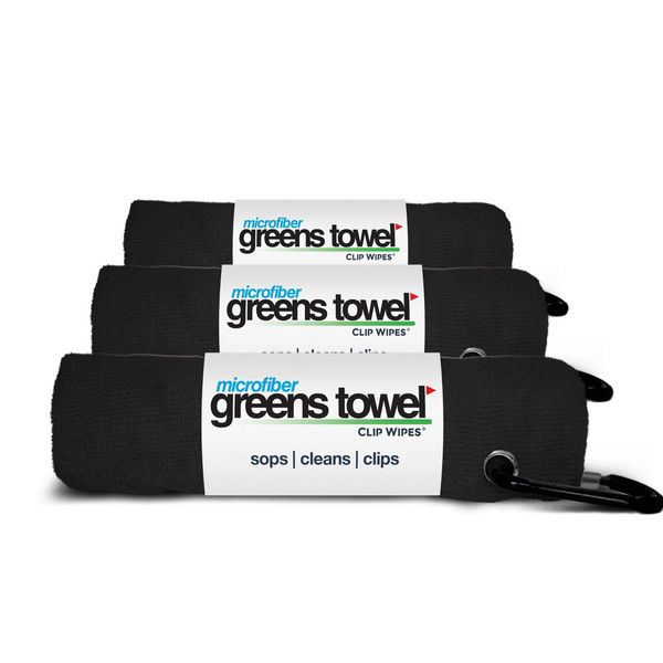 Greens Towel Black 3 Pack Golf Towel Set for Golf Bags with Clip, Plush Microfiber Nap Fabric, 16x16, The Original (Jet Black)