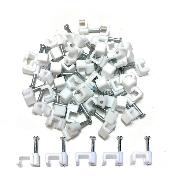 White Plastic Flat Electrical Wire Cable Clips TV Phone Internet Lead Fixings 50 Pieces (6mm)