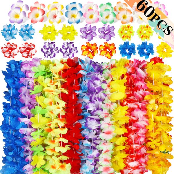 Moon Boat 60PCS Hawaiian Luau Leis Party Decorations Supplies - Tropical Tiki Flowers Necklaces Bracelets Bulk Summer Pool Decor Favors Ornaments