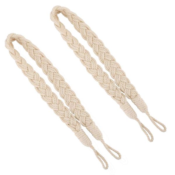 2 PCS Curtain Rope Tiebacks Natural Cotton Hand Knitting Curtains Tied Rope Tiebacks Decorative Curtain Tie Backs Beige Boho Curtain Ties Braided Drapery Drape Holdbacks Curtain Rope Buckle Cord