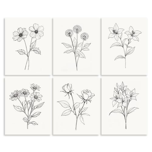 DOODLREAM 6 Pack Unframed Waterproof White and Black Line Flowers Canvas Wall Art Prints 8" x 10" Simple Sketch Floral Wall Decor Canvas Artwork Posters for Home Office Bedroom Living Room Decor Gift