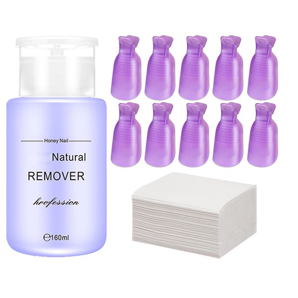 ExcellaElite Acetone Acrylic Remover Kit,Nail Polish Remover Gel Nail Polish Remover Gel Remover Comes with 10 Purple Nail Polish Remover Clips and 40 Makeup Remover Cotton Pads（160ml）