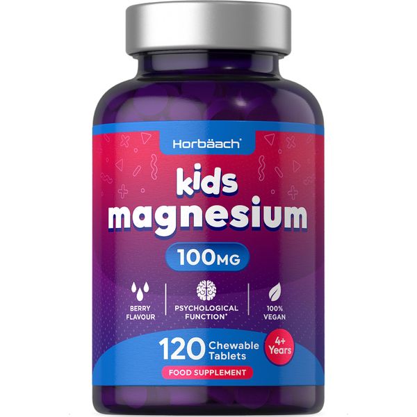 Magnesium Tablets for Kids | 100mg | 120 Chewable Tablets | Berry Flavour Vegan Supplement | by Horbaach