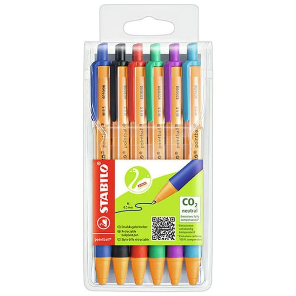 Ballpoint Pen - STABILO pointball - Pack of 6 - Red, Blue, Black, Green, Turquoise, Lilac