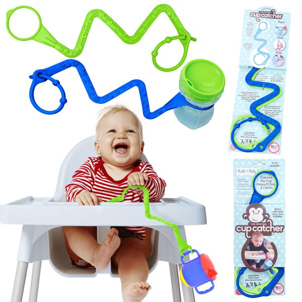 Brilli Baby Cup Catcher 2 Pack Patented Safety Tether Strap, attach Sippy Cups, Bottles, Toys, Pacifiers to Stroller, High Chair, Car Seat, Made in USA, Food grade, Dishwasher Safe (Navy & Lime)