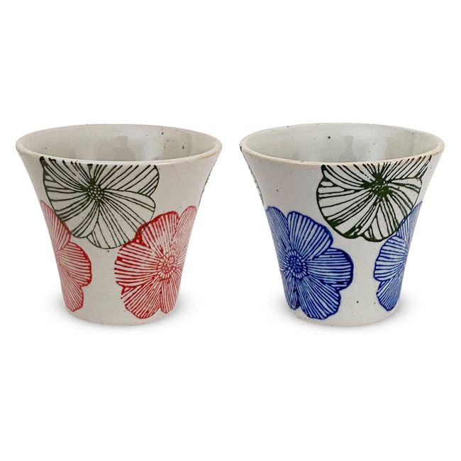 J-kitchens Izan Kiln Cup (Tea Cup) Pair Set, Hasami Ware, Made in Japan, 4.5 fl oz (140 cc), Flower Pattern (Red Blue)