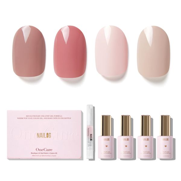 NAILOG Gel Nail Polish Set - 4 Colors Top Coat Color Gel Base 3-In-1 Soak Off UV Gel Polish Kit for Home DIY & Birthday Gifts for Women,Rose Whisper