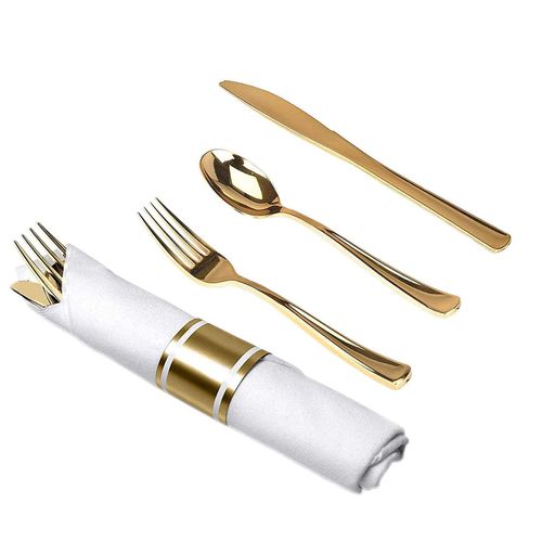 Tiger Chef Pre-Rolled Napkin and Cutlery Set - White Napkins and Gold Heavy-Weight Plastic Silverware with Napkin Band Set - 30-Pack
