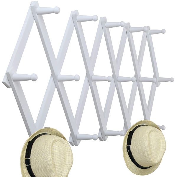 WEBI Accordion Wall Hanger,Expandable Wooden Coat Rack Wall Mounted,Accordion Hat Rack for Wall,Accordion Wall Rack for Hats,Caps,16 Peg Hooks,White