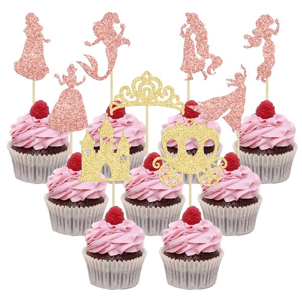 Gyufise 36Pcs Princess Cupcake Toppers Glitter Mermaid Girl Castle High Heel Crown Cupcake Picks Princess Theme Baby Shower Girls Birthday Party Cake Decorations Rose Gold