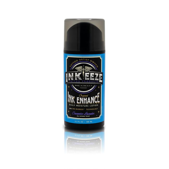 INK-EEZE Ink Enhance Tattoo Daily Moisturizer Lotion for Tattoo Enthusiast, Cucumber Lavender, Made in USA, 3.3oz pump