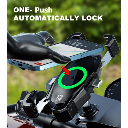 Kewig Motorcycle Fork Stem Phone Mount with Qi 15W Wireless Charger & USB C 20W Fast Charging Port, One-Push Automatically Lock & Quick Release Waterproof Handlebar Phone Holder for 4.0-6.9" Phone