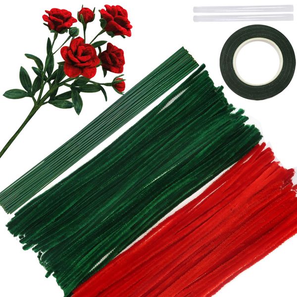 TOAOB 200pcs Pipe Cleaners Craft Supplies DIY Rose Bouquets Making Kit Red Chenille Stems Artificial Flowers Craft Kit for DIY Art and Crafts Party Wedding Home Decorations