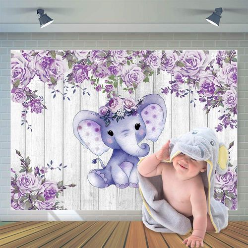 CYLYH 7X5ft Elephant Theme Backdrop Rustic Wood Elephant Backdrop Baby Shower Party Purple Flower Banner Girl Boy Newborn Kids Birthday Cake Table Decoration Banner D511