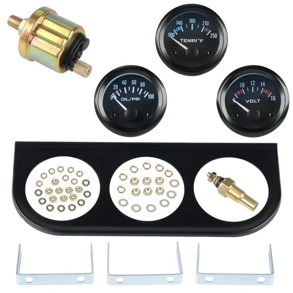 WATERWICH 3 in 1 Car Meter Auto Gauge（Voltmeter + Water Temperature Gauge + Oil Pressure Gauge) 2" 52mm Triple Gauge Kit for Car Truck Vehicle Motorcycle Tractor and Marine