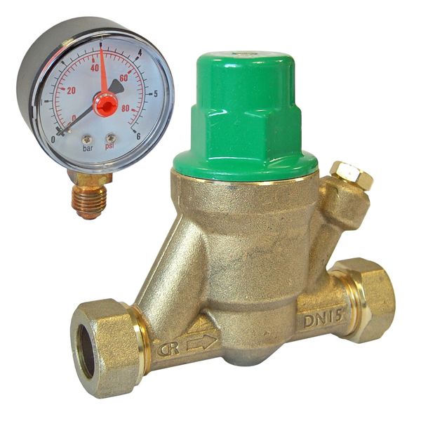 15mm Adjustable Pressure Reducing Valve Including Gauge 1-6 Bar Reliance Water Controls