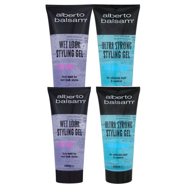 Hair Gel Pack – 2x Ultra Strong Styling Gel for Maximum Hold & Control & 2x Wet Look Hair Gel for Lasting Shine,200ml Each –Non-Sticky, Non-Greasy Formula for All-Day Style and Ultimate Hair Control