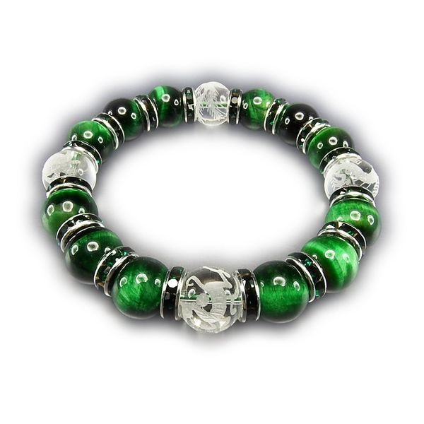 isigaii Natural Stone Green Tiger Eye Genuine Crystal Four God Hand Carved Rondel Approx. 0.5 inches (12 mm), Prayer Beads Bracelet, Power Stone