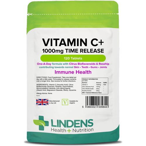 Lindens Vitamin C+ 1000mg Time Release Tablets - 120 Pack - with Citrus Bioflavonoids and Rosehip - Contributes to Immune System Health, Reduces Tiredness and Supports Healthy Skin and Teeth
