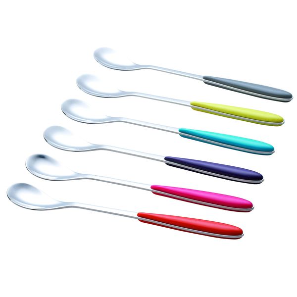 Exzact Ice-Cream Sundae Spoon 6pcs Stainless Steel Assorted Colours - Long Handle, Latte Spoon, Ice Tea Stirring - Coffee, Dessert, Hot Chocolate