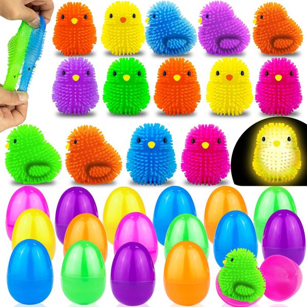 AMENON 24 Pack Easter Eggs Filled Chick LED Puffer Balls,Light Up Stress Relief Fidget Toys Squeeze Sensory Ball for Kids Boys Girls Easter Basket Stuffers Easter Egg Hunt Fillers Party Favor Gift