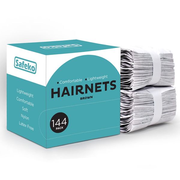 SAFEKO Hair Nets 144 PCS, Individually Wrapped, Lightweight Nylon Hairnets, Latex-Free | Dark Brown, Large (24")