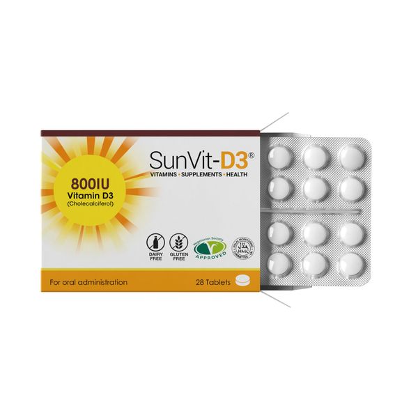 SunVit-D3 Vitamin D 800IU Tablets - Cholecalciferol Vitamin D Tablets Support The Maintenance of Bone, Teeth, Muscle & Immune System | Made in UK & GMP Approved - D3 Vitamins 28 Convenient Tablets