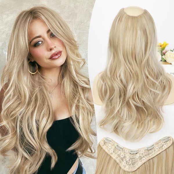 FORCUTEU Clip in Hair Extensions Long Layered Straight Wavy V-Shaped Hair Extension One Piece Beach Blonde Hair Extensions with 5 Clips for Women Daily Use