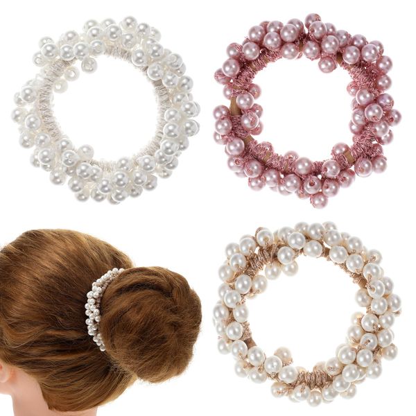 3PCS Pearl Hair Ties Beaded Elastic Hair Scrunchies, Fancy Crystal Ropes Decorative Rhinestone Ponytail Holders Stretchy Handmade Boho Hair Bands Accessories for Women Girl Thick Hair, White&gold&pink