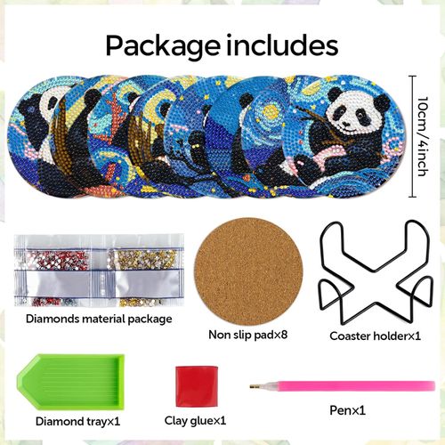 Leatrice 8 Pcs Panda Diamond Art Coasters Set of 8, Small Diamond Painting Kits for Adults Beginners Women, Gem Art Coasters with Holder, Funny Arts Supplies for Home Decor