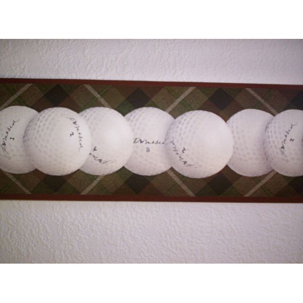 GOLF BALLS ON A PLAID PREPASTED NARROW 3 5/8 INCH WALLPAPER BORDER # TH21154B